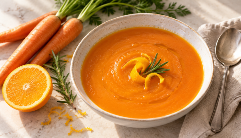 Bol de crema de zanahoria con naranja y romero, junto a zanahorias frescas, media naranja y una ramita de romero.