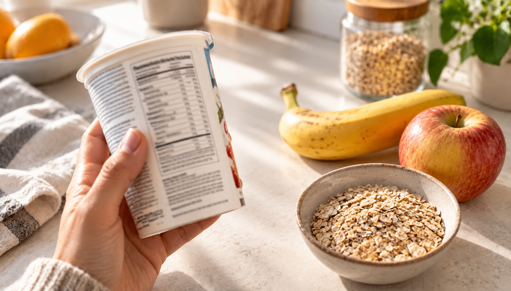 Compra recién desempacada sobre la encimera, con alimentos envasados junto a frutas y verduras frescas, lista para leer la etiqueta nutricional.