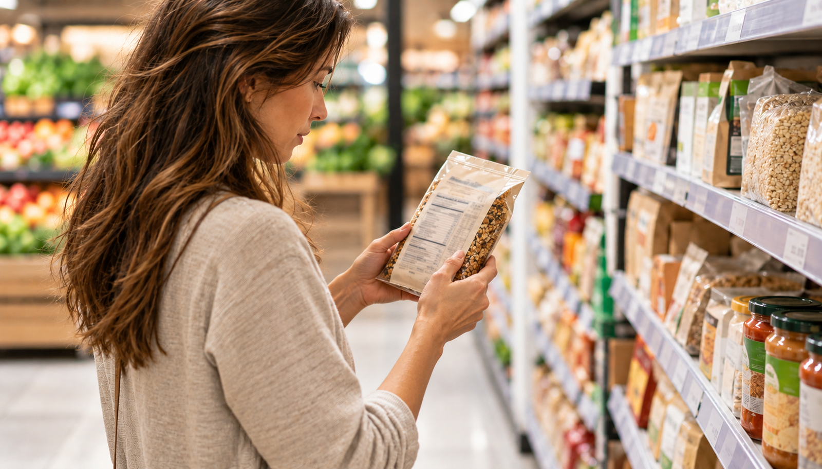 Mujer leyendo la etiqueta nutricional de un producto en el pasillo del supermercado