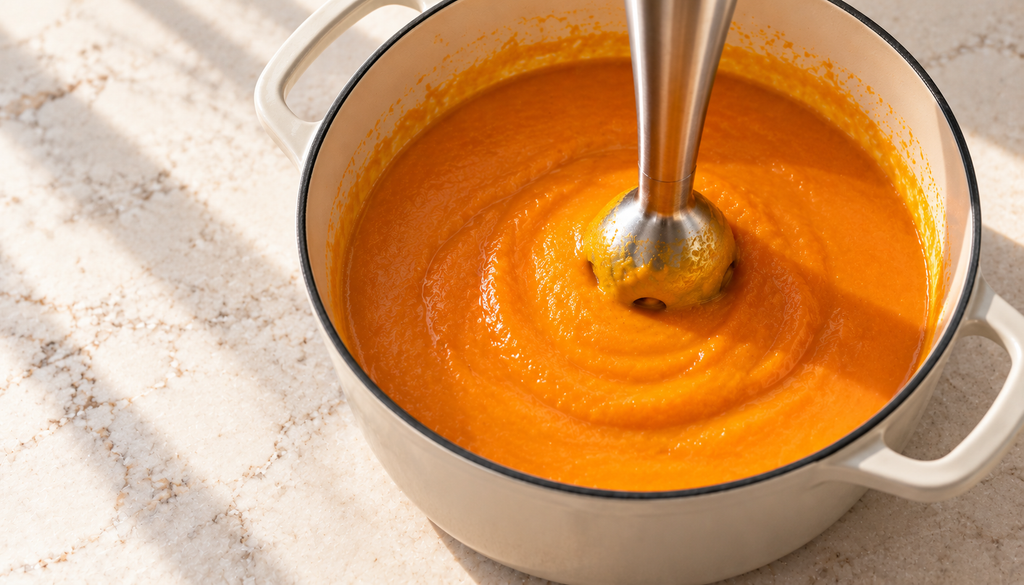 Olla con crema de zanahoria a medio triturar con una batidora de inmersión