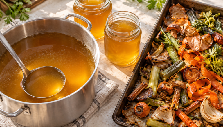 Olla de caldo de verduras dorado junto a frascos de caldo y una bandeja de cáscaras y tallos asados.