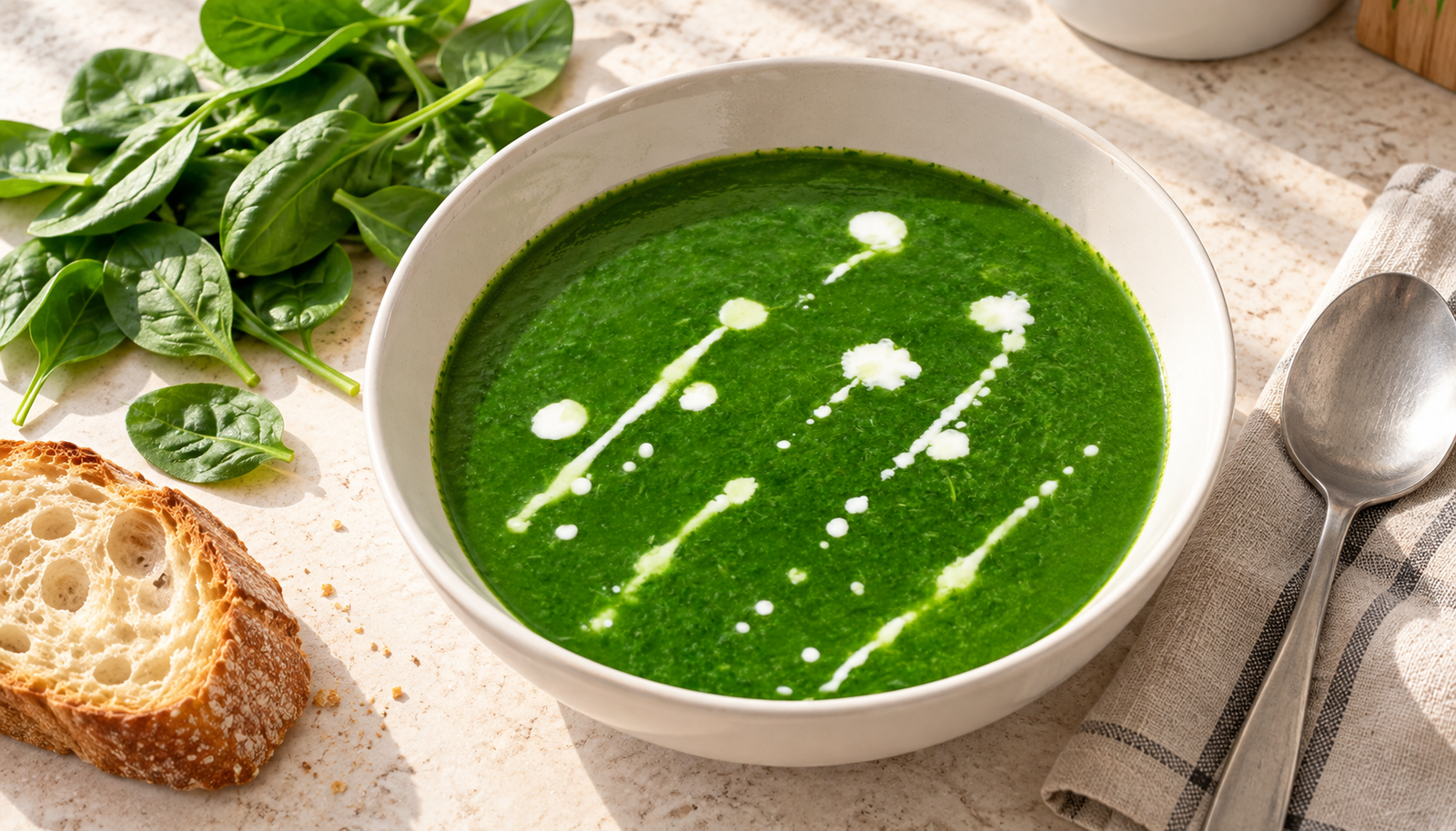 Bol de crema de espinacas de color verde brillante, junto a hojas de espinaca fresca y una rebanada de pan.