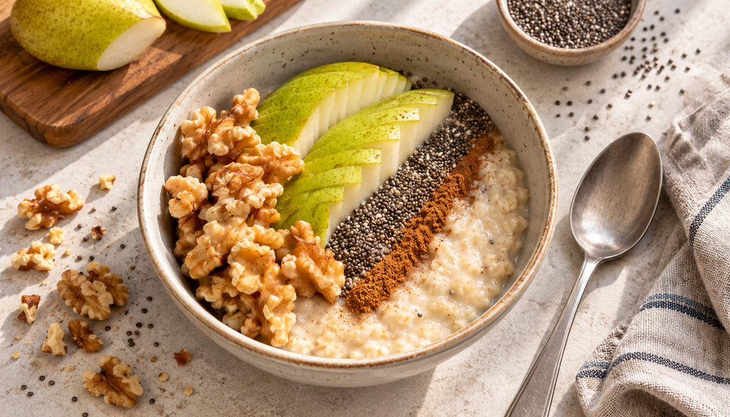 Desayuno en bowl de avena con toppings, servido con una cuchara.