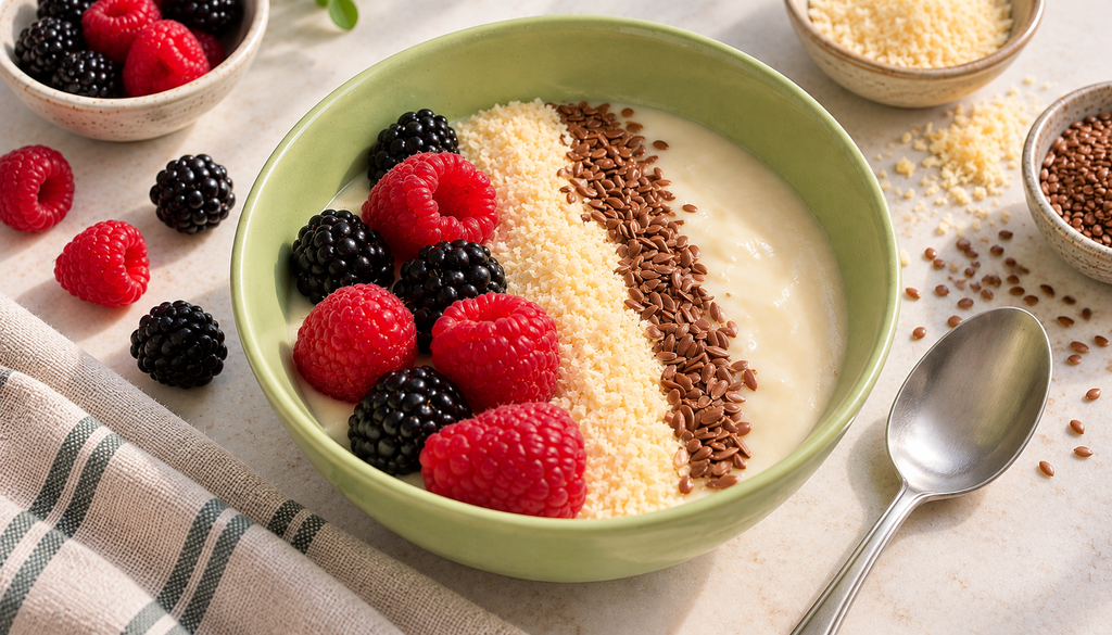 Desayuno en bowl de natilla con toppings, servido con una cuchara.
