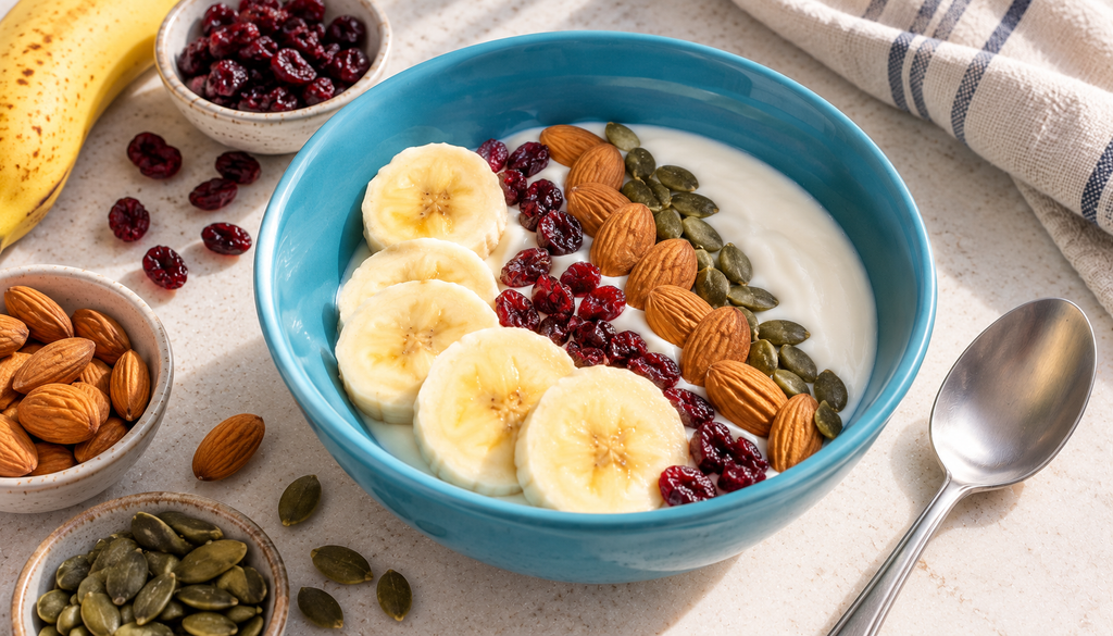 Desayuno en bowl de yogur con toppings, servido con una cuchara.