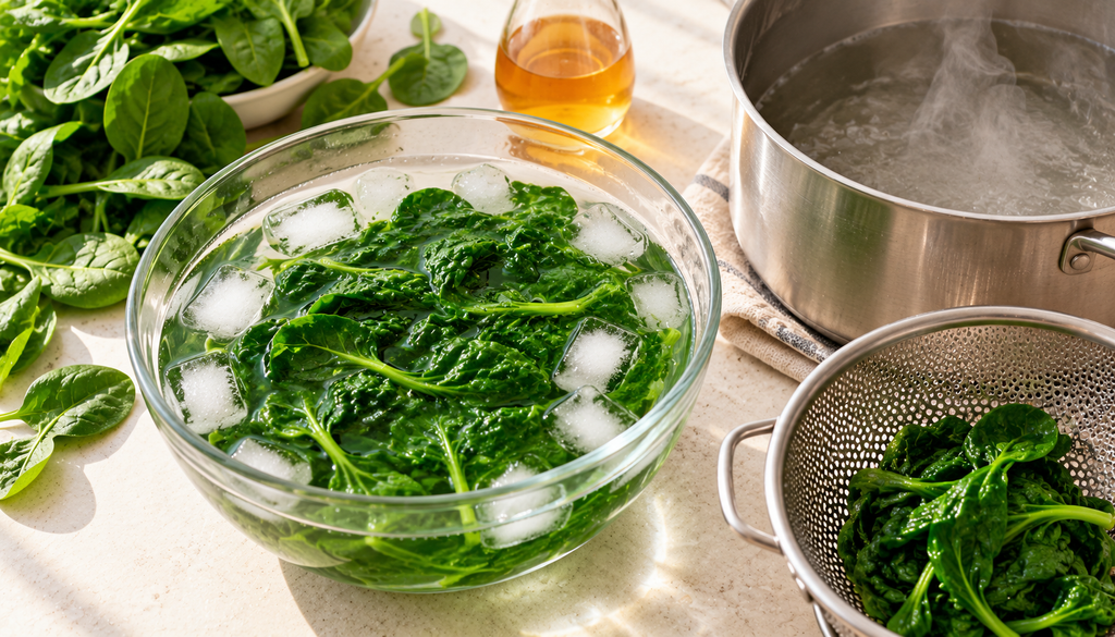 Espinacas recién escaldadas en un bol con agua y hielo, de color verde brillante, junto a una olla humeante y espinacas frescas.