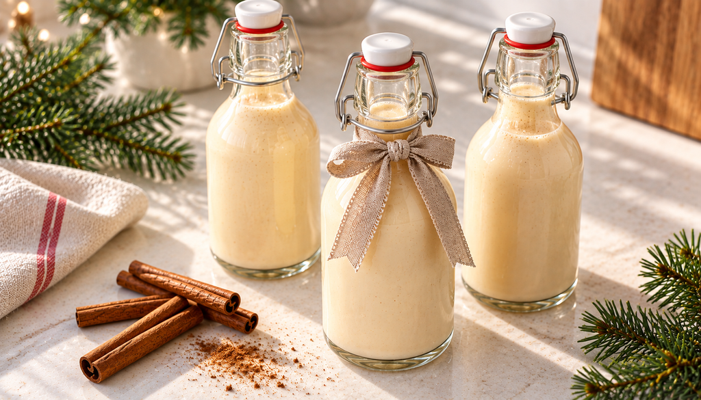 Botellas de ponche crema casero listas para guardar en la nevera o regalar.