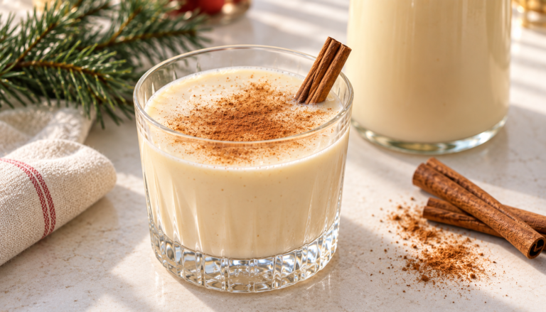 Vaso de ponche crema sin huevo ni lactosa con canela, junto a una botella de ponche y especias.