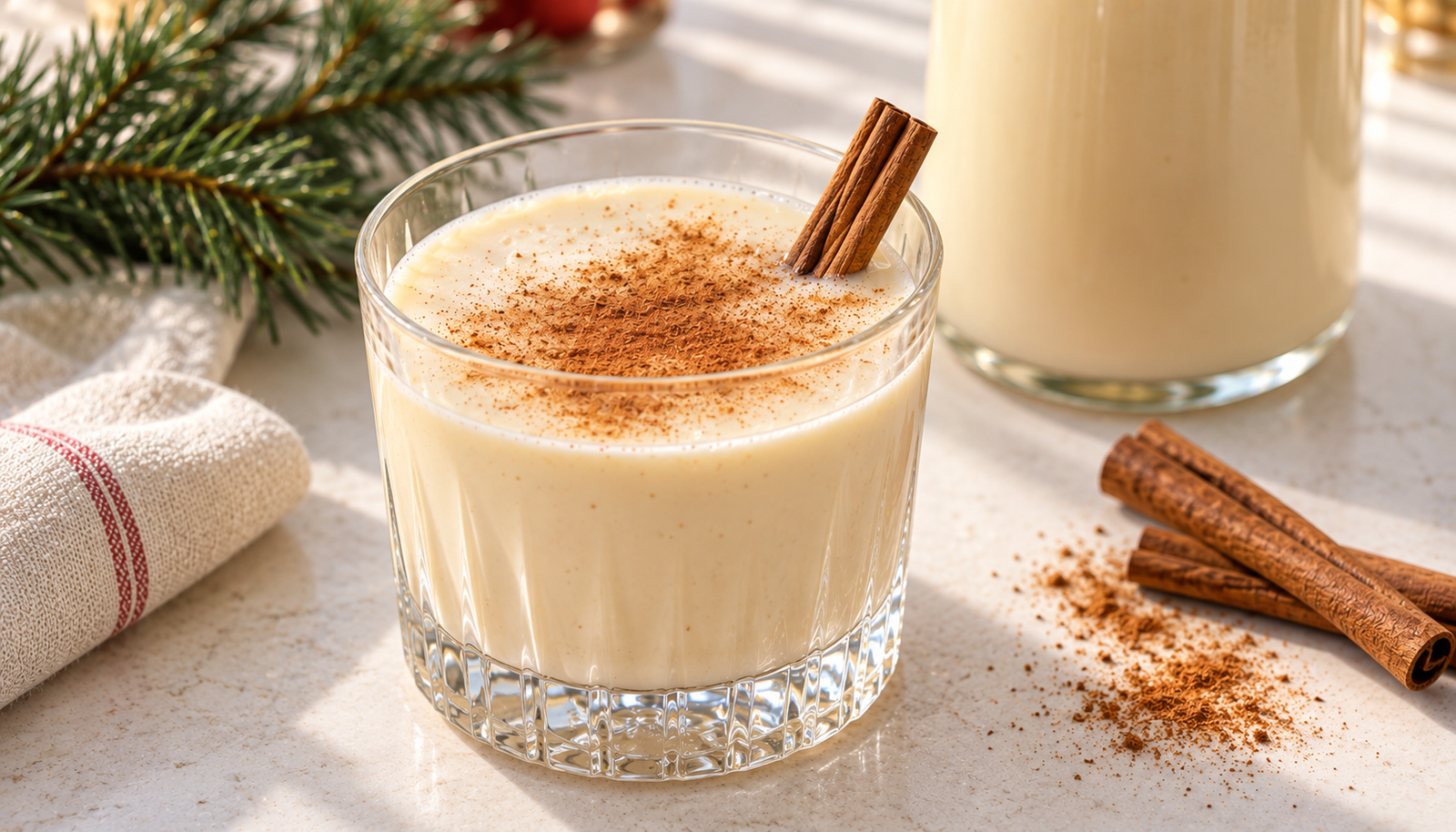 Vaso de ponche crema sin huevo ni lactosa con canela, junto a una botella de ponche y especias.