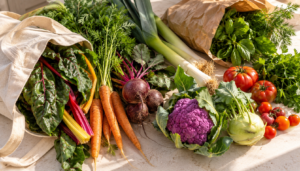 Verduras de temporada recién compradas sobre la encimera, con bolsa de tela, para empezar a cocinar de forma consciente.