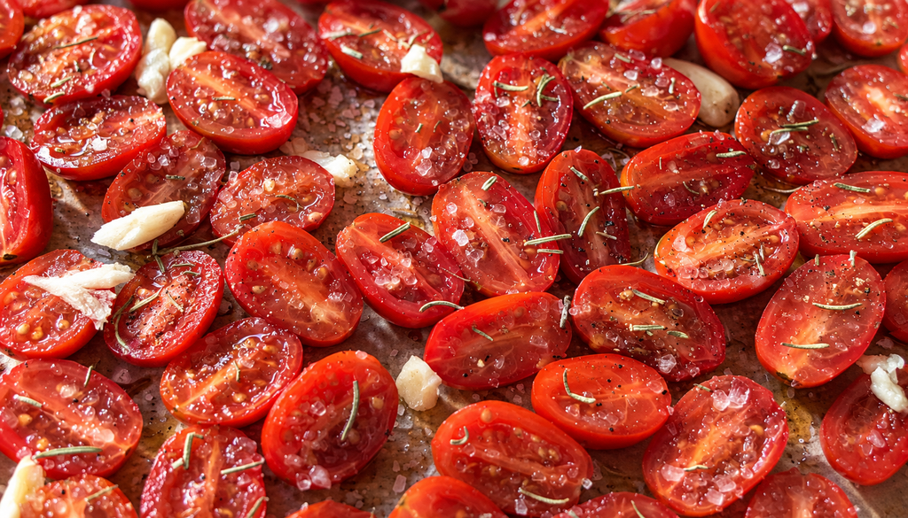 Primer plano de tomates maduros cortados por la mitad y sazonados, listos para secar en el horno.