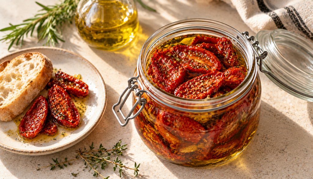 tomates secos caseros en un tarro con aceite de oliva y una rebanada de pan