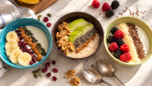 Tres desayunos en bowl con natilla, avena y yogur, cada uno con sus toppings.